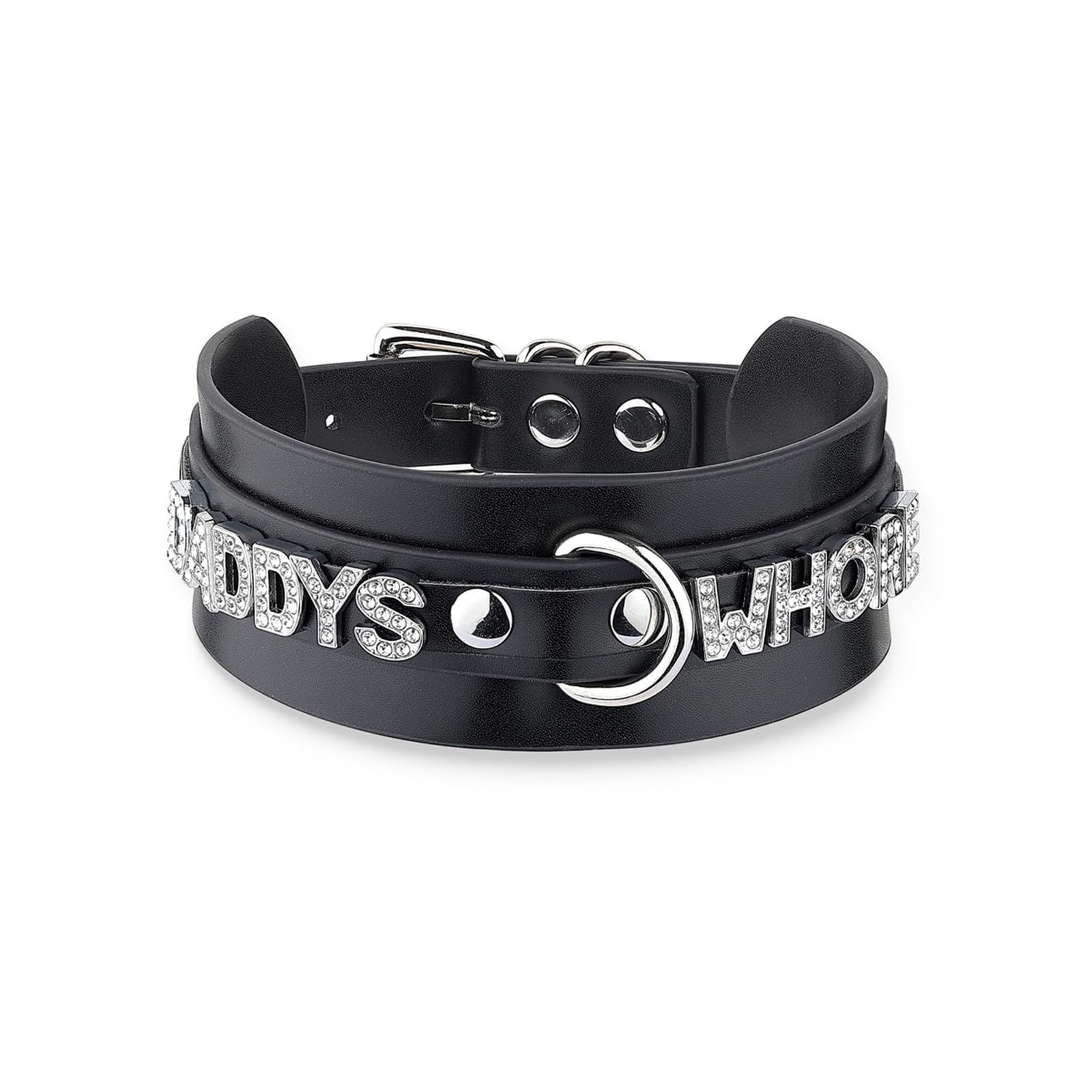 ADEMISHIAWomen's Black Leather Choker Necklace with Rhinestone Letters, Adjustable Punk Gothic Custom Name D-ring Collar Jewelry For Women