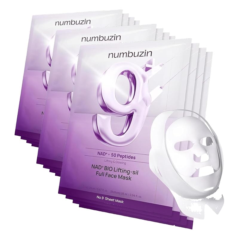 numbuzin No.9+ NAD+ BIO Máscara facial de duas partes com faixa de sustentação, peptídeos e colágeno, Pacote com 3
