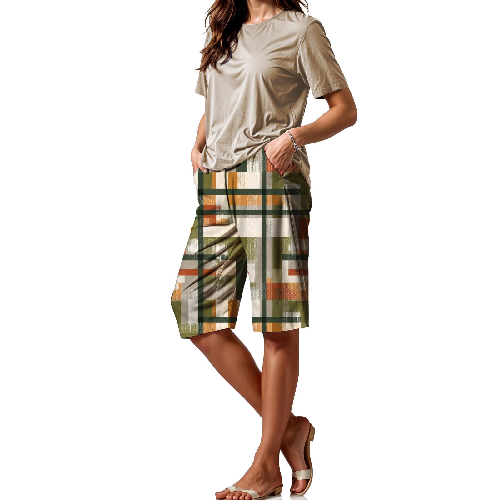 Plaid Graphic Shorts for Women Fashion Casual Drawstring Elastic Waist Bermuda Shorts Summer Beach Vacation Pants