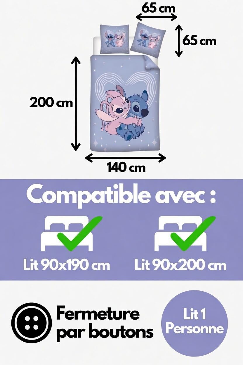 Stitch i Angel Pościel 140x200 + Poszewka 65x65 Polibawełna Oeko-Tex Disney | Odwracalna pościel jednoosobowa | Polibawełna Oeko-Tex szybkoschnąca | Disney | Nastolatki | Prezent | Do prania w pralce