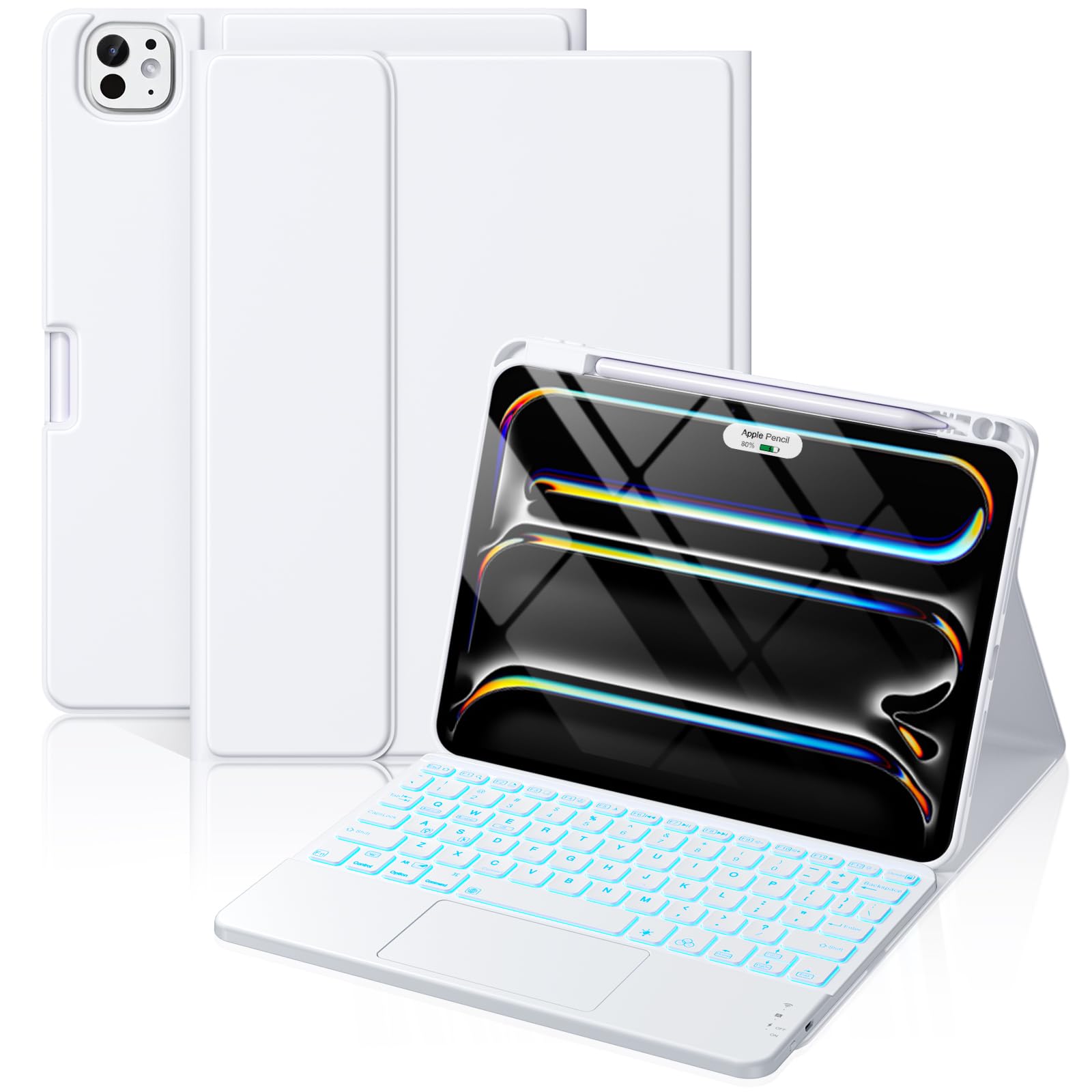Hamile for iPad Pro 11-inch Case with Keyboard (M5/M4) - Magnetic Wireless Detachable Keyboard with Multi-Touch Trackpad 7 Colors Backlit Stain Proof Folio Cover for Pro 11 Inch 2025 2024 - White