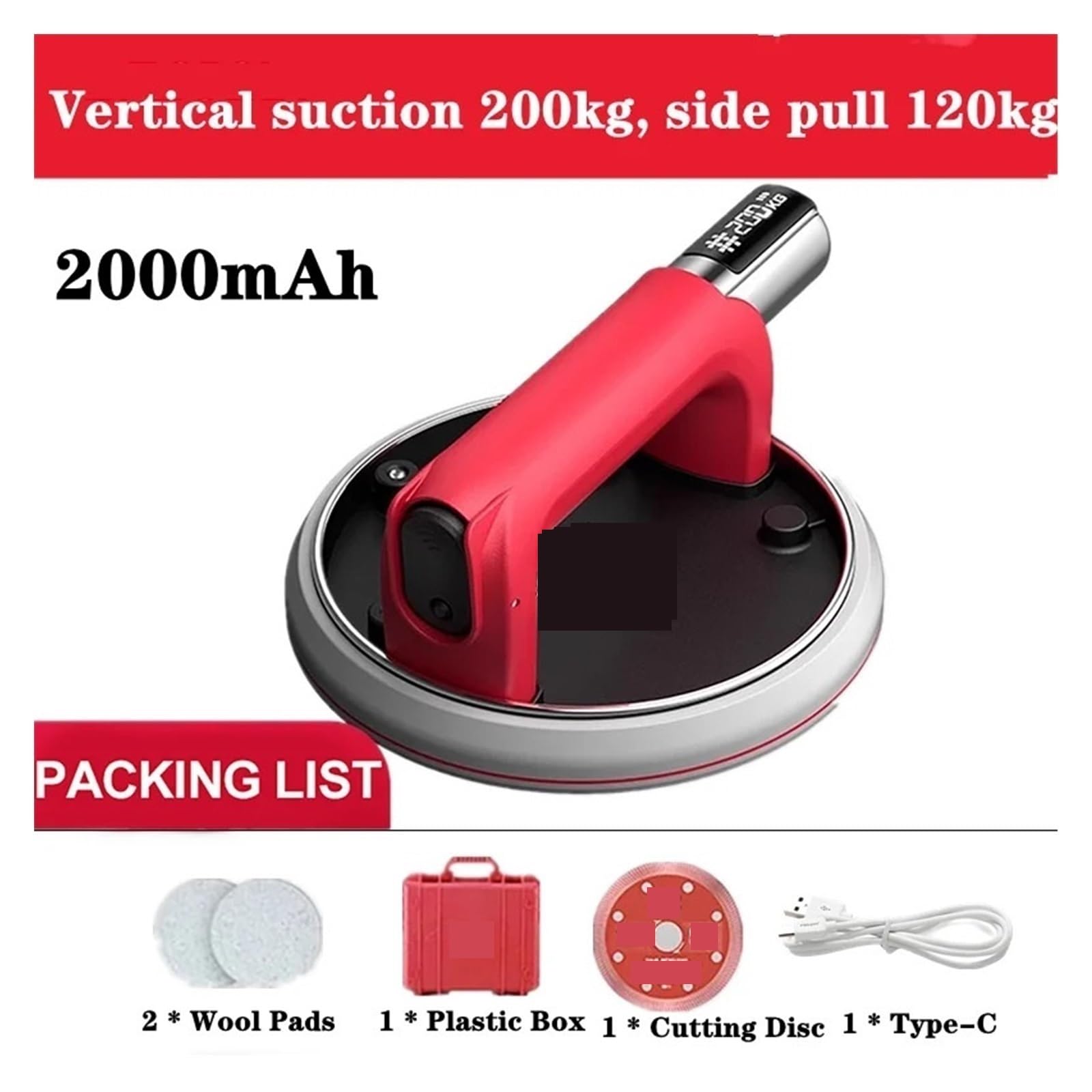 Ventosas, Ventosa Eléctrica De Vacío Con Pantalla Inteligente 2000 MAh, Elevador Baldosas Granito Y Vidrio Alta Resistencia, Ventosas Elevación Manual 200 Kg