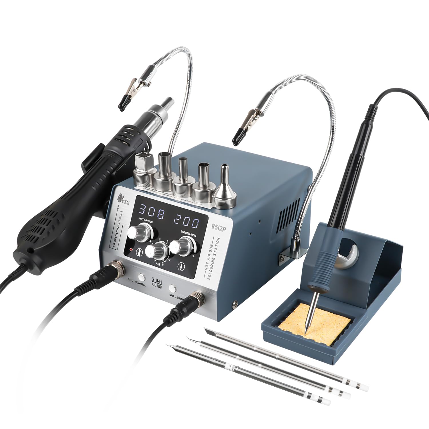 HengTianMei 720W Hot Air Soldering Station 2-IN-1 SMD Soldering Iron Station with 2 Helping Hands, 3 Soldering Tips, 5 Nozzles, Sleep Mode, Fast Heating, 392℉-932℉, for Electronics PCB Repair（8512P）