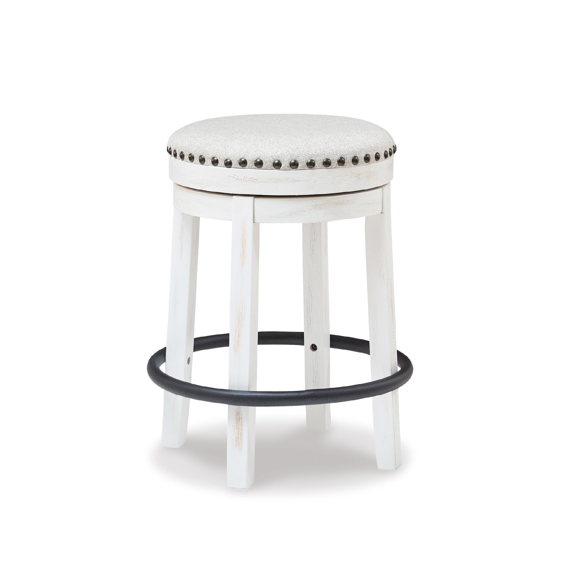 Signature Design by Ashley Valebeck Casual Upholstered Swivel Stool, Round Metal Footrest, Nailhead Trim Detail, Wood, 24", White & Black
