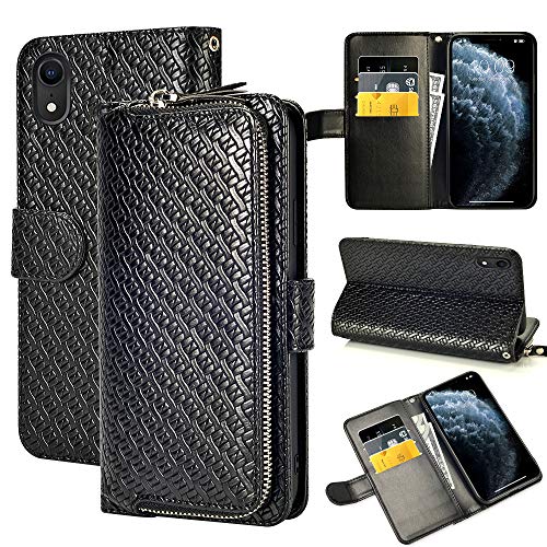 LAMEEKU iPhone XR Flip Case, iPhone XR Wallet Case, Zipper Purse Leather Card Holder Slot Money Pocket Kickstand Wrist Strap Bumper Shockproof Protective Cover for iPhone XR 6.1'' Black