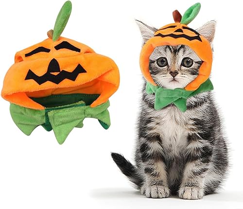 ALIBBON Disfraz de Halloween para gatos y perros, juego de tocado de calabaza y gorra para cosplay de cachorros y gatitos