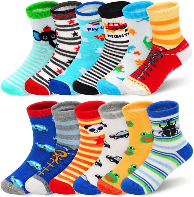 Padgene 10 Pairs Kids Boys Fun Novelty Socks Toddler None Slip Cotton Crew Dress Socks Cartoon Dinosaur Car Shark Stripes - Image 2