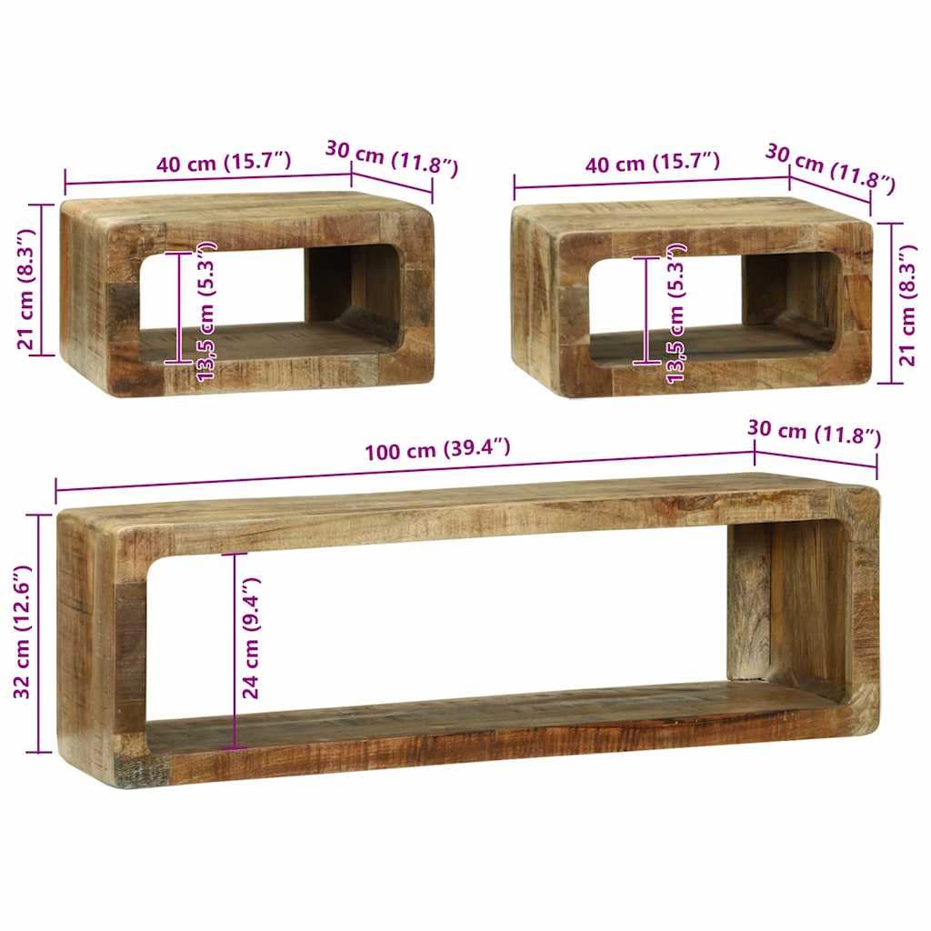Set di mobili per TV con mensola, 3 pezzi, in legno massiccio di mango, con vano portaoggetti, rack HiFi e cassettiera per CD, DVD, per soggiorno, home theater, gaming, con cassetto, scomparto
