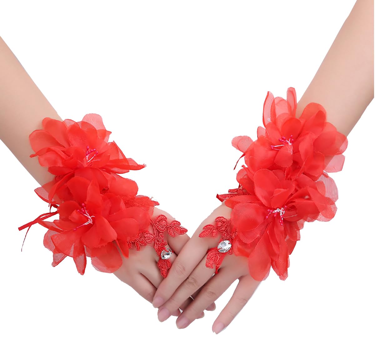 Bridal Lace Gloves with Floral Appliques, Fingerless Design, Available in Red, White and Black