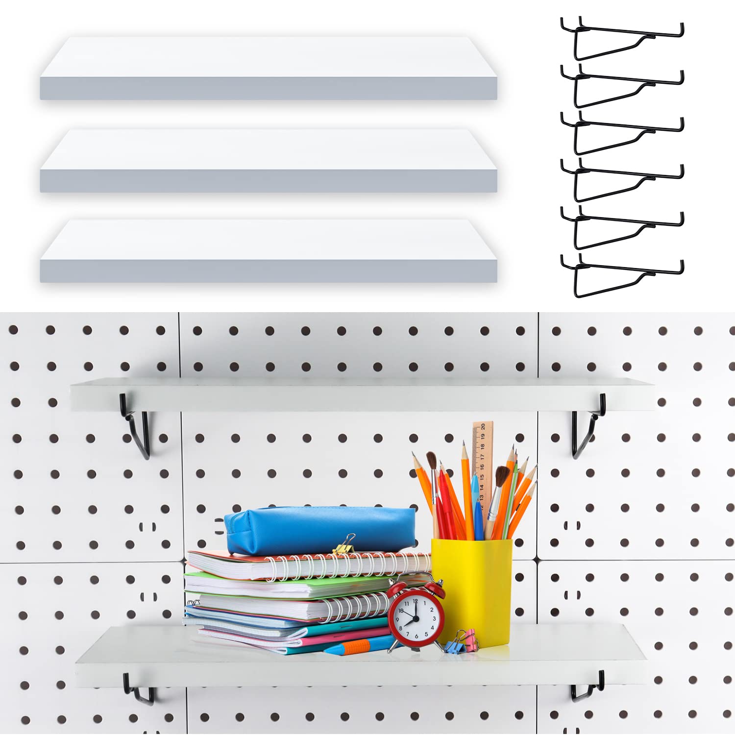 Buy Pegboard Shelf Set 3 White Wooden Pegboard Shelves and 6 Metal