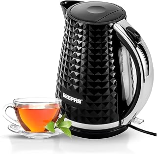 Geepas 1.7L Cordless Electric Kettle – 2200W Textured Kettle with 360° Rotational Base – Concealed Heating, Auto Shut Off & Boil Dry Sensor – Space Saving Cord Storage and LED Indicator (Black)