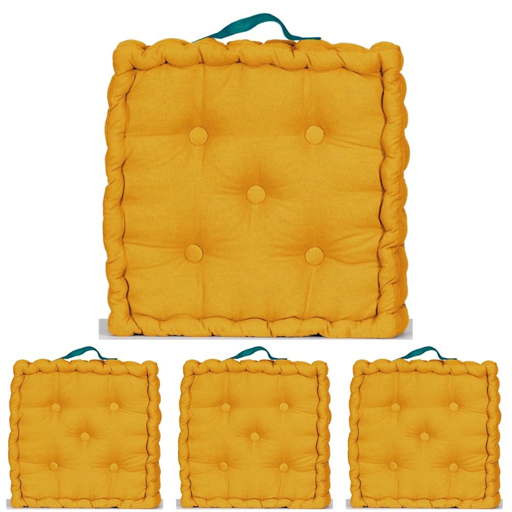 Atout Ciel Coussin de Sol 40x40cm avec Anse contrastée, Jaune Moutarde, Carré (Lot de 4)