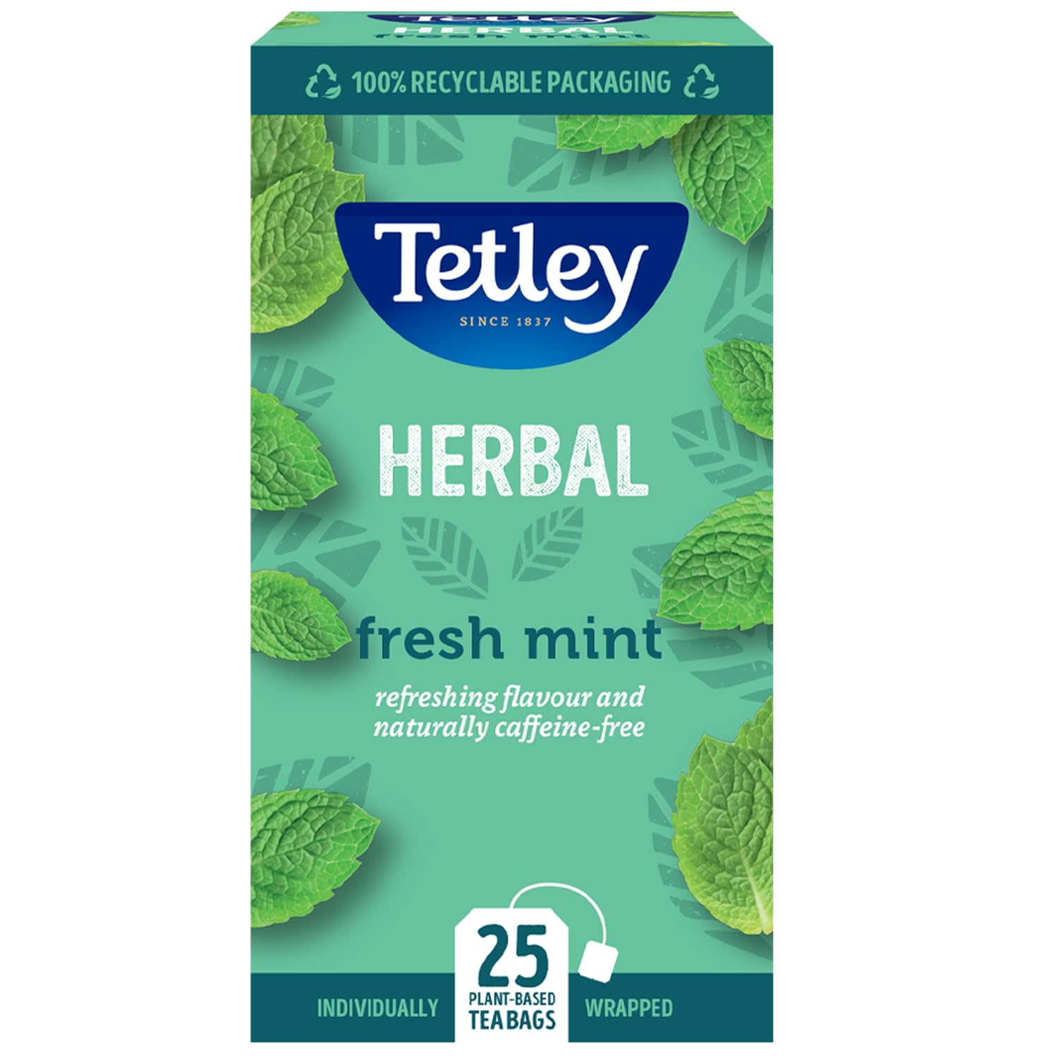Tetley Fresh Mint Tea Bags - Refreshing Peppermint & Spearmint Blend - Naturally Caffeine-Free - Smooth & Cooling Herbal Infusion - Rainforest Alliance Certified - 25 Teabags (1 Pack)