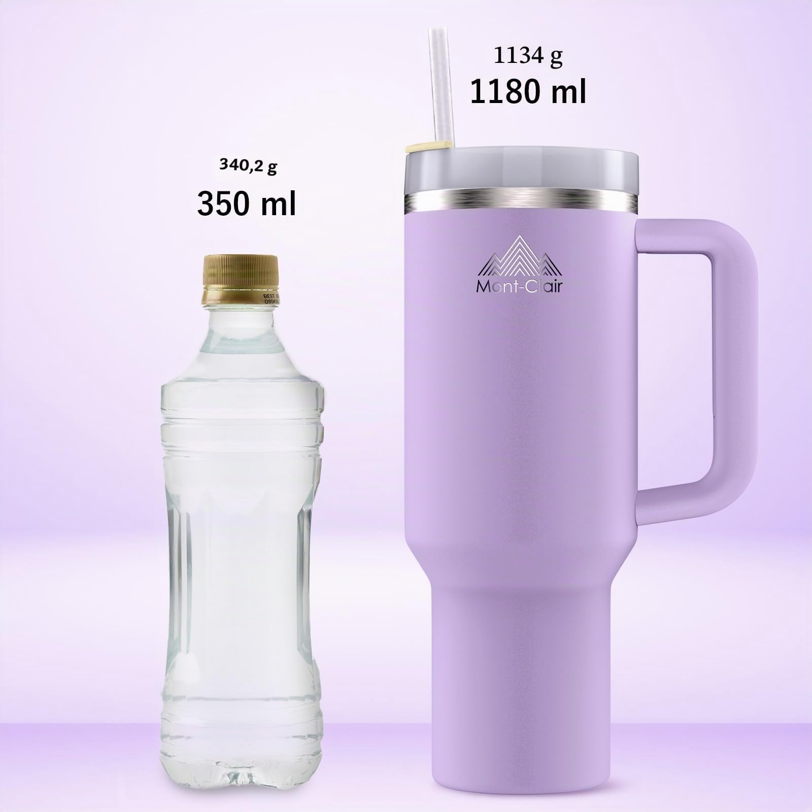 Tumbler 40oz - Taza Termica Cafe para llevar con Pajita y Tapa - Vaso Termico Acero Inoxidable con Asa - Bebidas frías y calientes - Fría durante 10 horas - Helada durante 48 horas - 1200ml - Lila | Botella con acero inoxidable, frío durante 11 horas, hie
