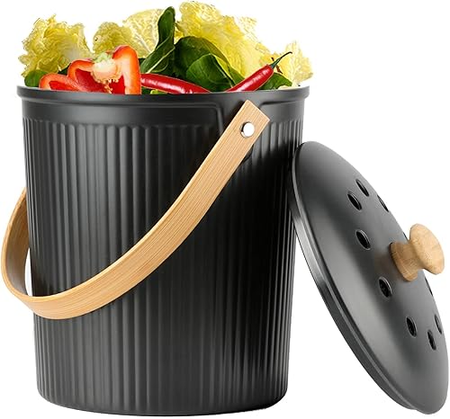 LALASTAR - Contenedor de compostaje para encimera, cocina con tapa, hecho de fibra de bambú sostenible, compostador de alimentos de interior para