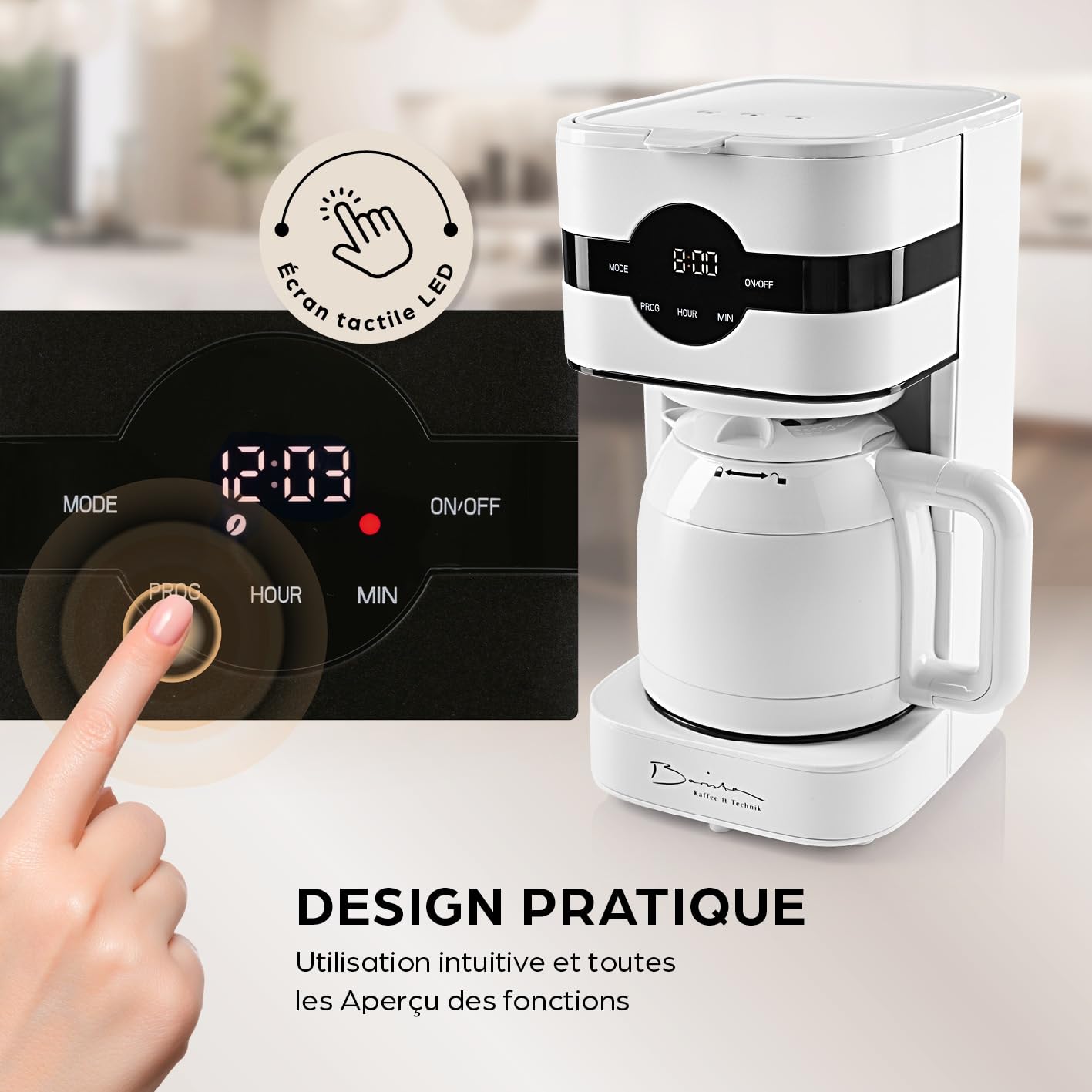 Barista Machine à café filtre avec verseuse isolante | Machine à café filtre avec écran tactile & fonction minuterie | Avec filtre permanent & 900W | Réservoir d'eau de 1,25 litre pour 8 tasses