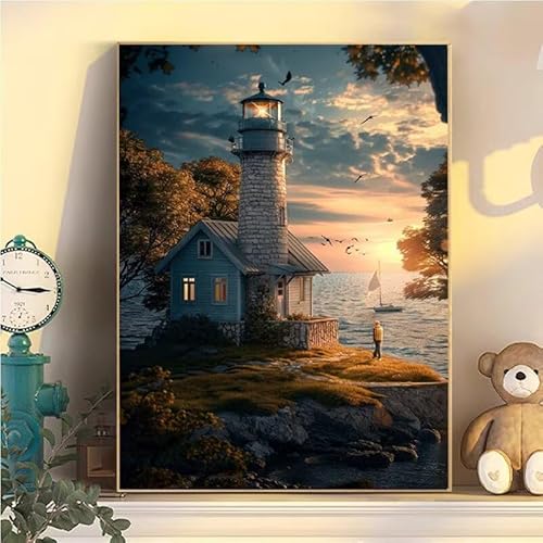 Kazhxnng Pintar por NSJFS Farol para adultos, pintura com NSJFS para crianças, oceano, pintura por Numbers kit de pintura acrílica com 3 pincéis, bricolage artesanato crianças 10 anos aguarela pintura