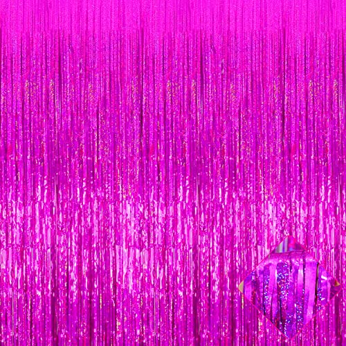 Image of 4 Pack 3.2Ft x 8.2Ft Fuchsia Foil Fringe Curtain Backdrop, Metallic Tinsel Foil Fringe Streamers Curtains Background for Photo Booth, Birthday, Wedding, Disco, Bachelorette, Christmas Party Decoration