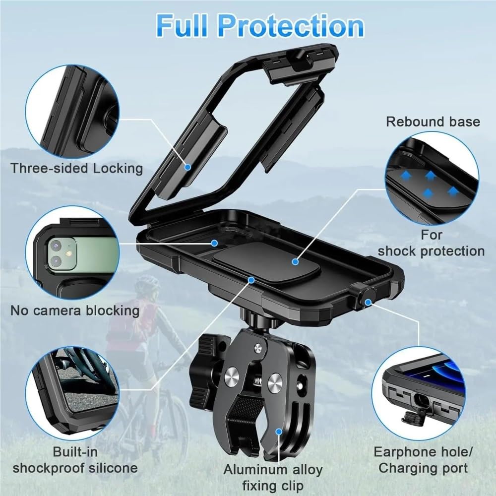 Soporte para Teléfono Bicicleta Manillar Impermeable para Motocicleta Pantalla Táctil Giratoria 360​​° Clip Antivibración para 5.5-7"(Strong Clamp)