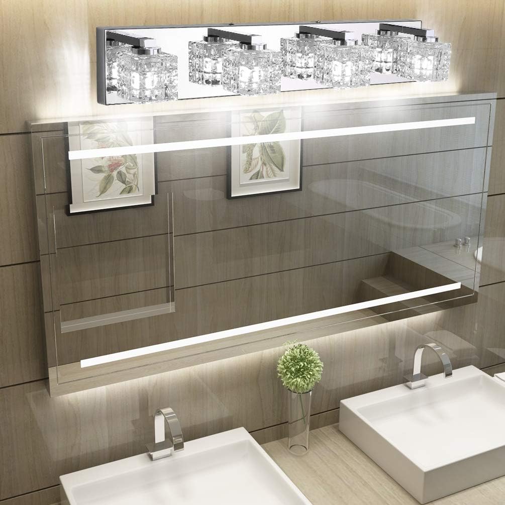 Limited Discount Ralbay Modern Vanity Light Fixtures 4 Lights LED Modern Vanity Light Bathroom Fixtures Over Mirror LED Modern Crystal Glass Vanity Lights