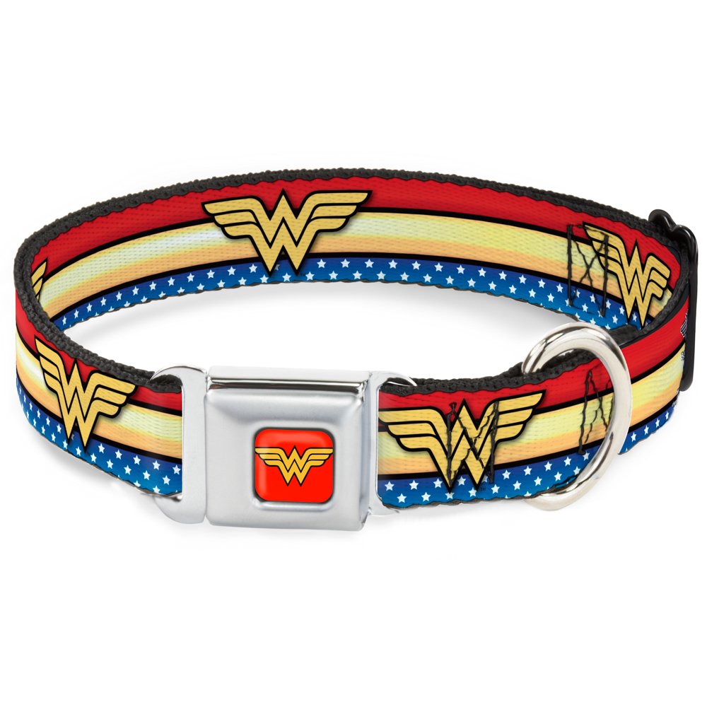 Buckle-Down Dog Collar Seatbelt Buckle Wonder Woman Logo Stripe Stars Red Gold Blue White 9 to 15 Inches 1.0 Inch Wide, Multicolor (DC-WWW040-S)