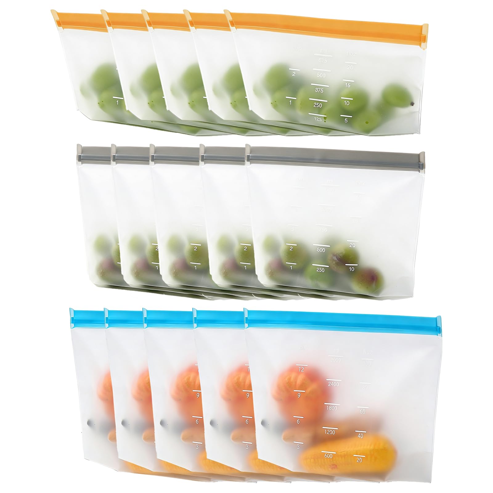 Sacchetti riutilizzabili per alimenti in PEVA, confezione da 15, senza BPA, chiusura ermetica con cerniera, adatti per congelatore e lavastoviglie, 650 ml, 1250 ml, 3500 ml, arancione, grigio, blu