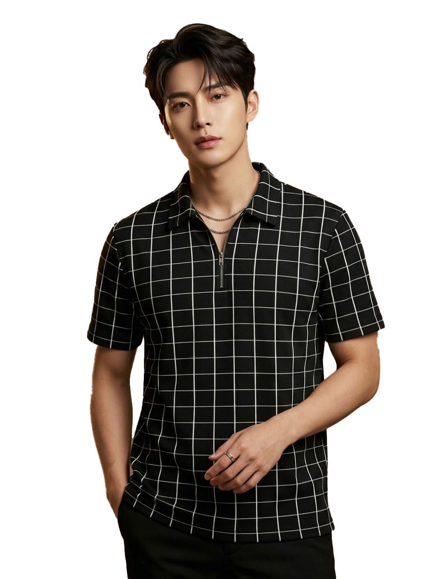 Men’s Checkered Zip Neck Polo T-Shirt – Premium Polyester Blend Fabric, Comfortable Round Neck Design, Casual & Stylish Everyday Wear for All Seasons-picture-43
