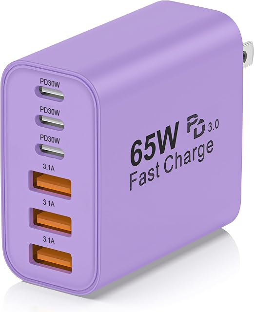65W USB C Bloc du chargeur,6-Port Chargeur rapide multi-appareils PD QC Adaptateur mural GaN économies technologiques space et réduit la chaleur, idéal pour la maison, le bureau, les voyages, la compatibilité large pour l'iphone & USBC dispositifs (Purple)