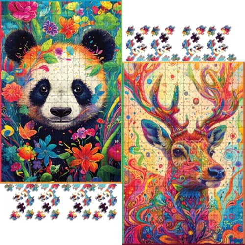 Image of Spirit Animal The Bambootiful Panda & Majestic Deer Combo 500 Piece Wooden Jigsaw Puzzle for Adults & Teens (Age 13+) | Stress Relief, Mindful & Creative Play| Nature Inspired Design