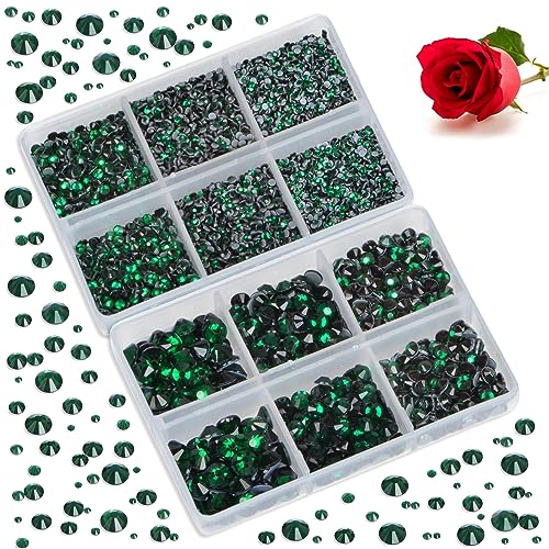 Image of Bymitel Hotfix Crystal Rhinestones Round Gems for Crafts,Mixed 6 Sizes with Wax Pencil Kit, Emerald 1.6-6.3mm SS4-SS30 /8000pcs