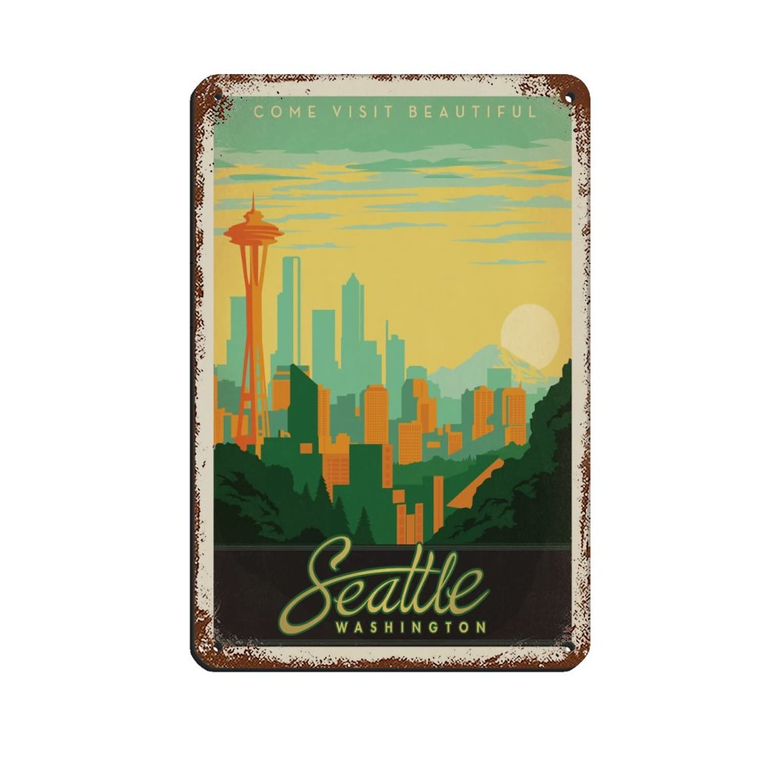 Azolid Style10 Vintage Tin Signs Seattle Skyline Metal Travel Tin Signs Wall Decor For Cafe Bar Pub Home 14X20cm