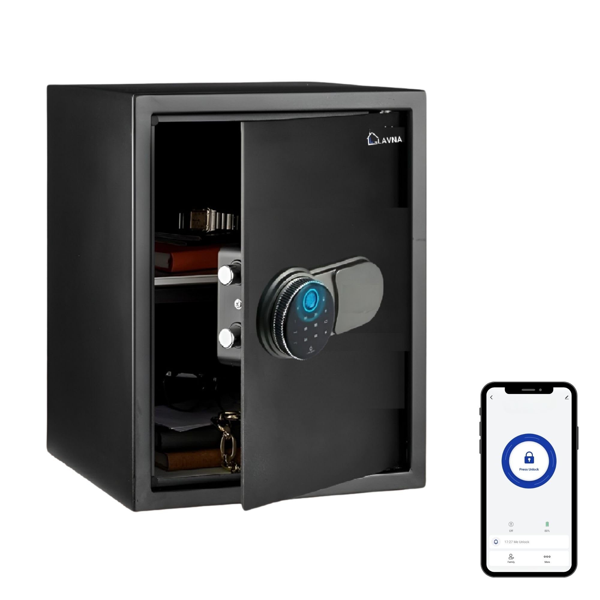 LAVNA Smart Safe Locker | 5 way access | Fingerprint, Mobile app, PIN, OTP & Key Access | 304 Grade SS bolts suitable for Jewellery, Cash, Document & other valuable of Home Office Tijori (Gross 49L)