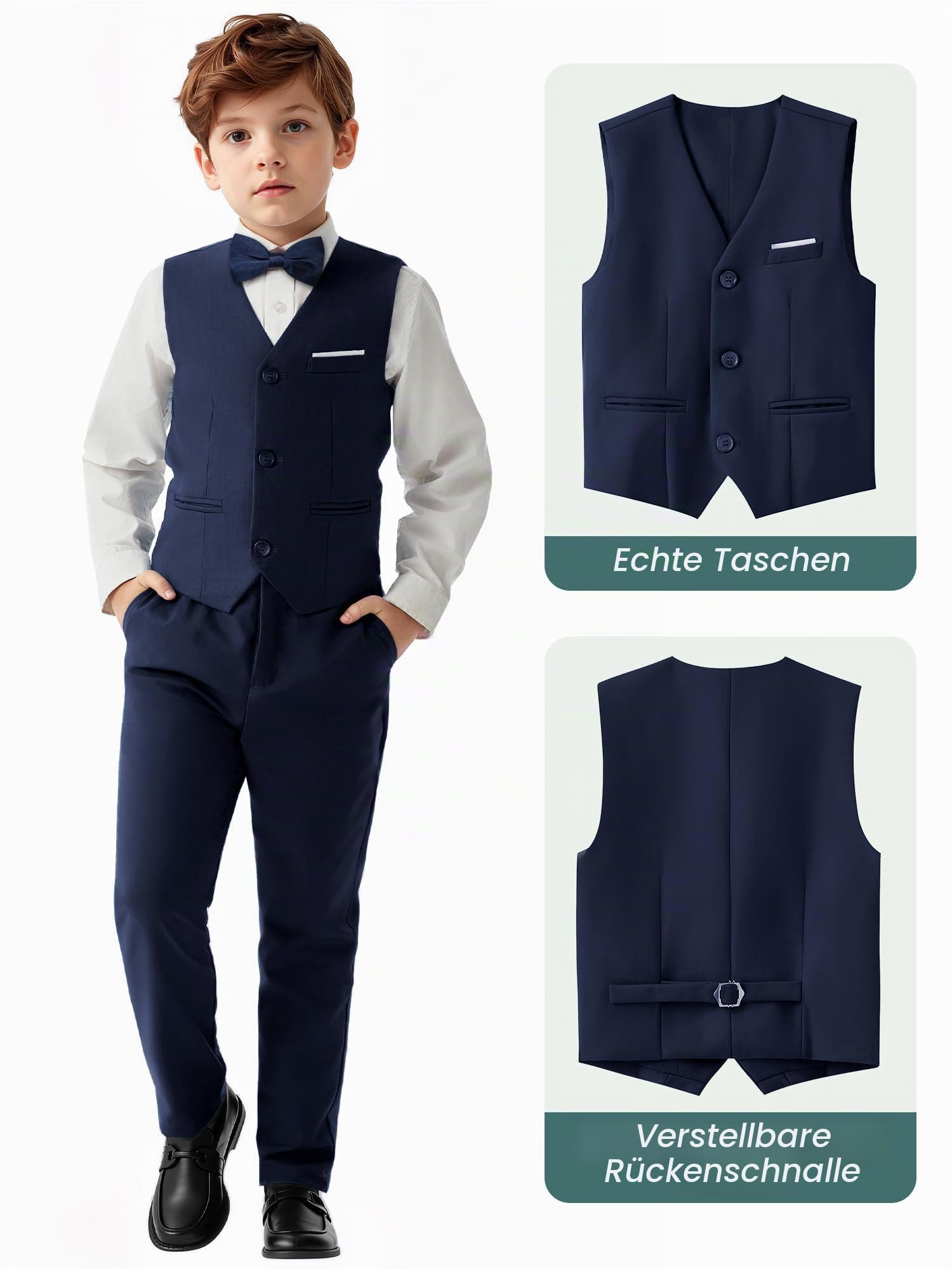 Jungen 5 Stück Anzüge Slim Fit Hochzeit Geburtstag Prom Performance | Für alle Jahreszeiten geeigneter Jungen Anzug inklusive Sakko, Weste, Anzughose, Hosenträger und Fliege