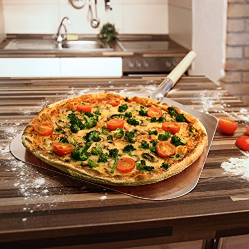 Foto von Relaxdays eckige Pizzaschaufel, Aluminium Pizzaschieber mit Holzgriff, Brotschieber für Backofen HBT: 3x30,5x79cm, grau