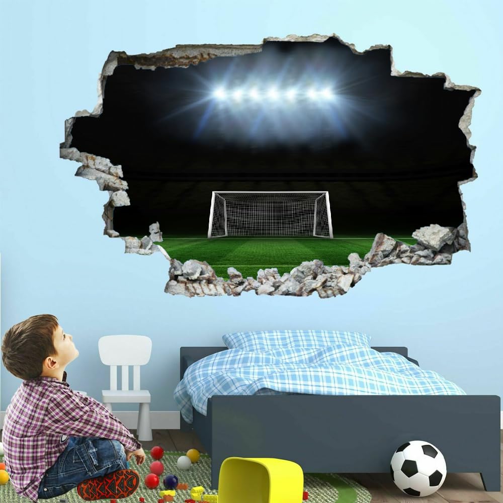 Adesivi Murali Murales Fracassati 3D Campo Da Calcio Decalcomanie Per Pavimenti In Impermeabile Art Gli Sport Per La Camera Da Letto, La Decorazione Della Parete Della Scuola Materna 120x80cm