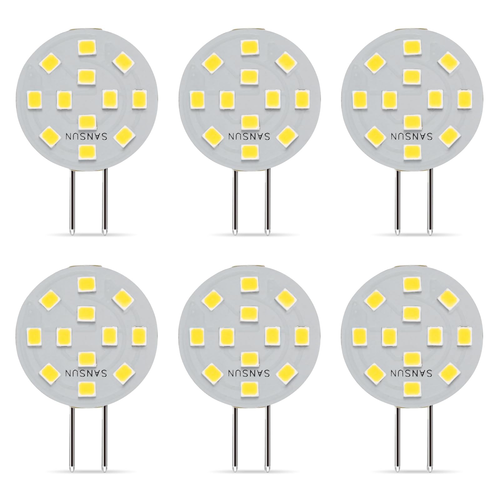 SANSUN G4 LED-Leuchtmittel, 2 W, entspricht 20 W Halogen, G4/GU4/GZ4 Bi-Pin-Sockel, AC/DC12 V, 4000 K, 120 ° Weitwinkel, nicht dimmbar (Tageslichtweiß, 6 Stück)