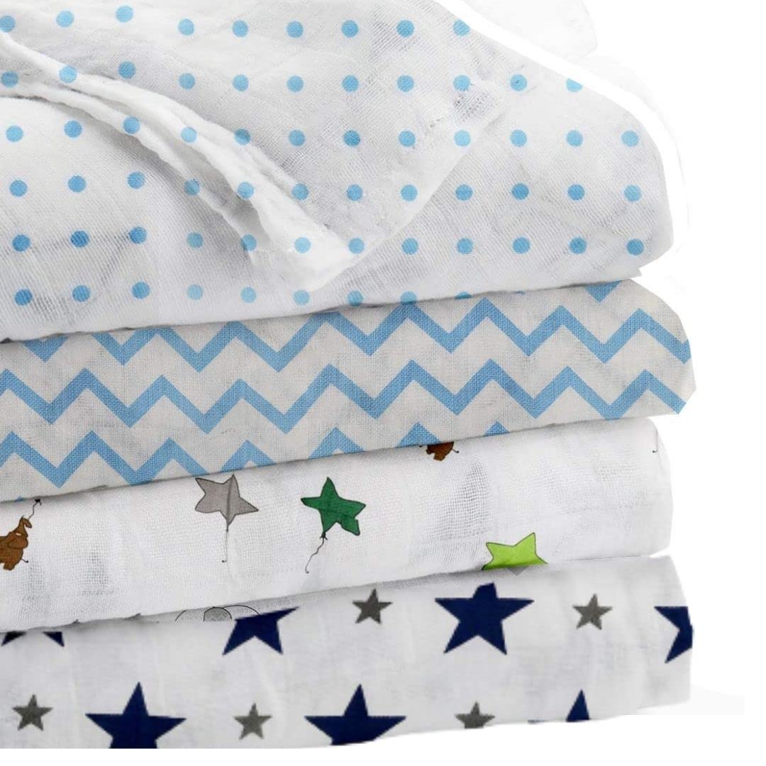 Linenaffairs Baby Swaddle Blanket -Extra-Large Size 120 x 120 cm Or 47 x 47 Inch, Organic Muslin Cotton, Pack of 4 - Blue Dot,Blue Zigzag,Blue Star,Elephant