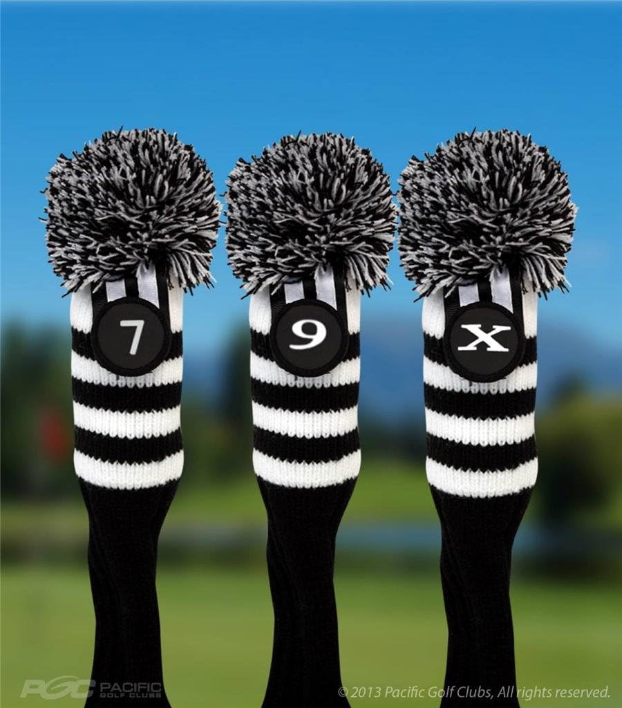 Pacific Golf Clubs Head Covers 7 9 X Black and White Knit Retro Old School Vintage Stripe Pom Pom Throwback Classic