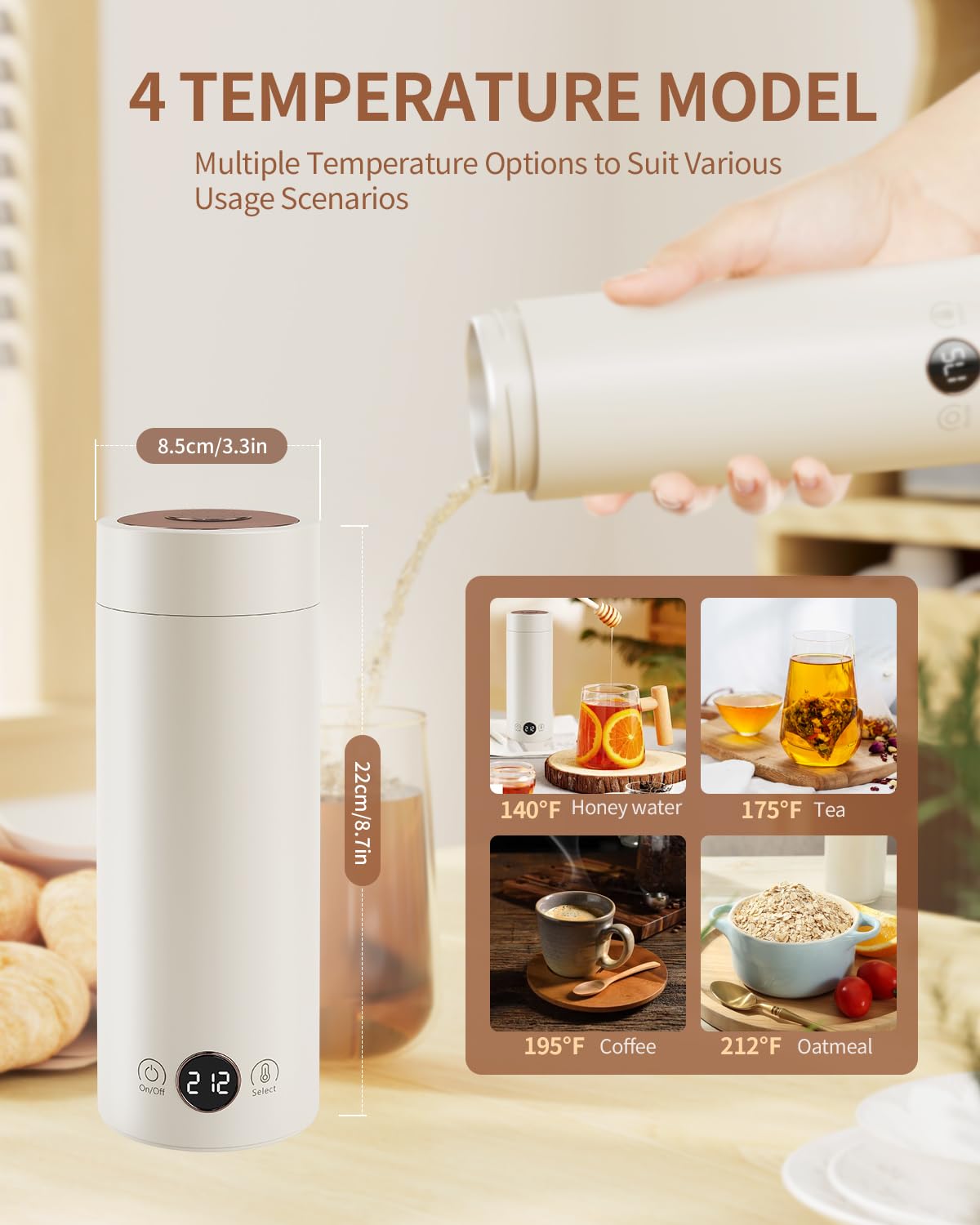 citythere Portable Stainless Steel Electric Travel Mug with 4 Temperature Settings, Auto Shut-off, Boiling & Heat Retention for Camping, Hotel & Office Use, 400ml