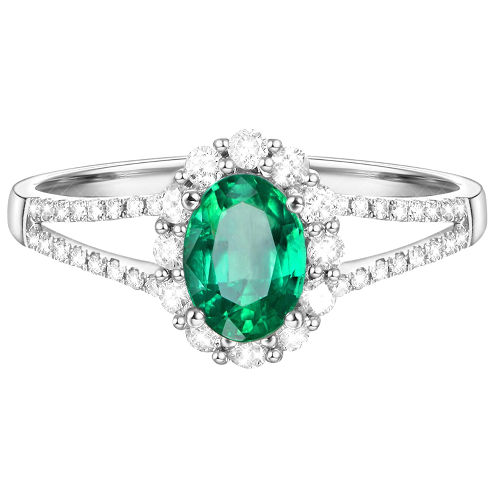Anillo de compromiso para mujer de platino, anillos de promesa de boda con esmeralda ovalada de 1 ct y moissanita 0,39 quilates, tamaño H 1/2-V 1/2