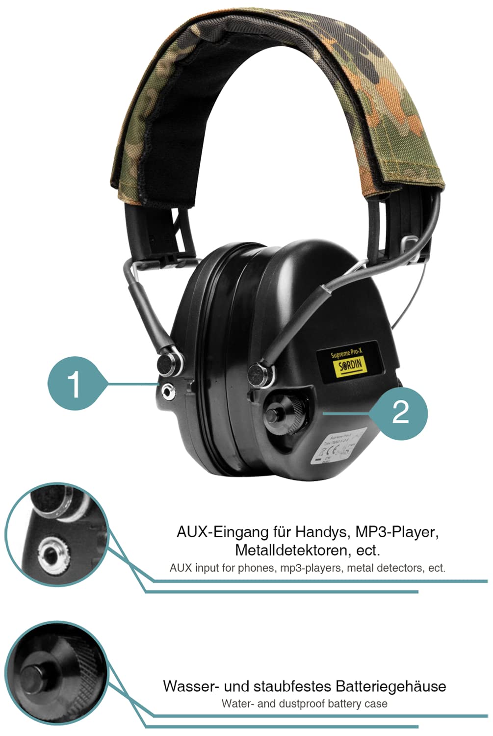ACE Sordin Pro-X Aktiver Kapsel-Gehörschutz - EN 352 - mit German-Camo-Stoffband, Gelkissen & schwarzen Kapseln