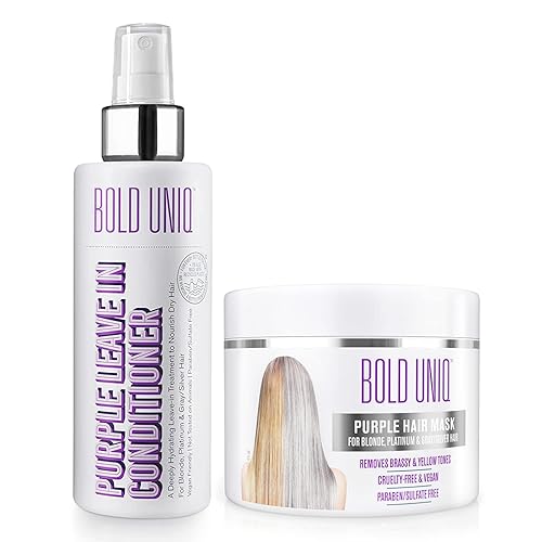 BOLD UNIQ Mascarilla para cabello rubio, platino, decolorado, plateado, gris, ceniza y cobrizo y acondicionador sin enjuague morado. Elimina los
