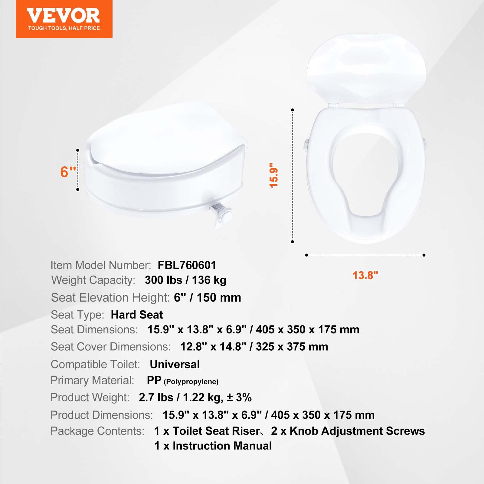 VEVOR Toilettensitzerhöhung Universal-Toilettenerhöhung, 15 cm, Tragkraft 136 kg, Schraubstangenverriegelung, mit Toilettensitz, für Senioren, Behinderte, Patienten, Schwangere, Mediziner Weiß