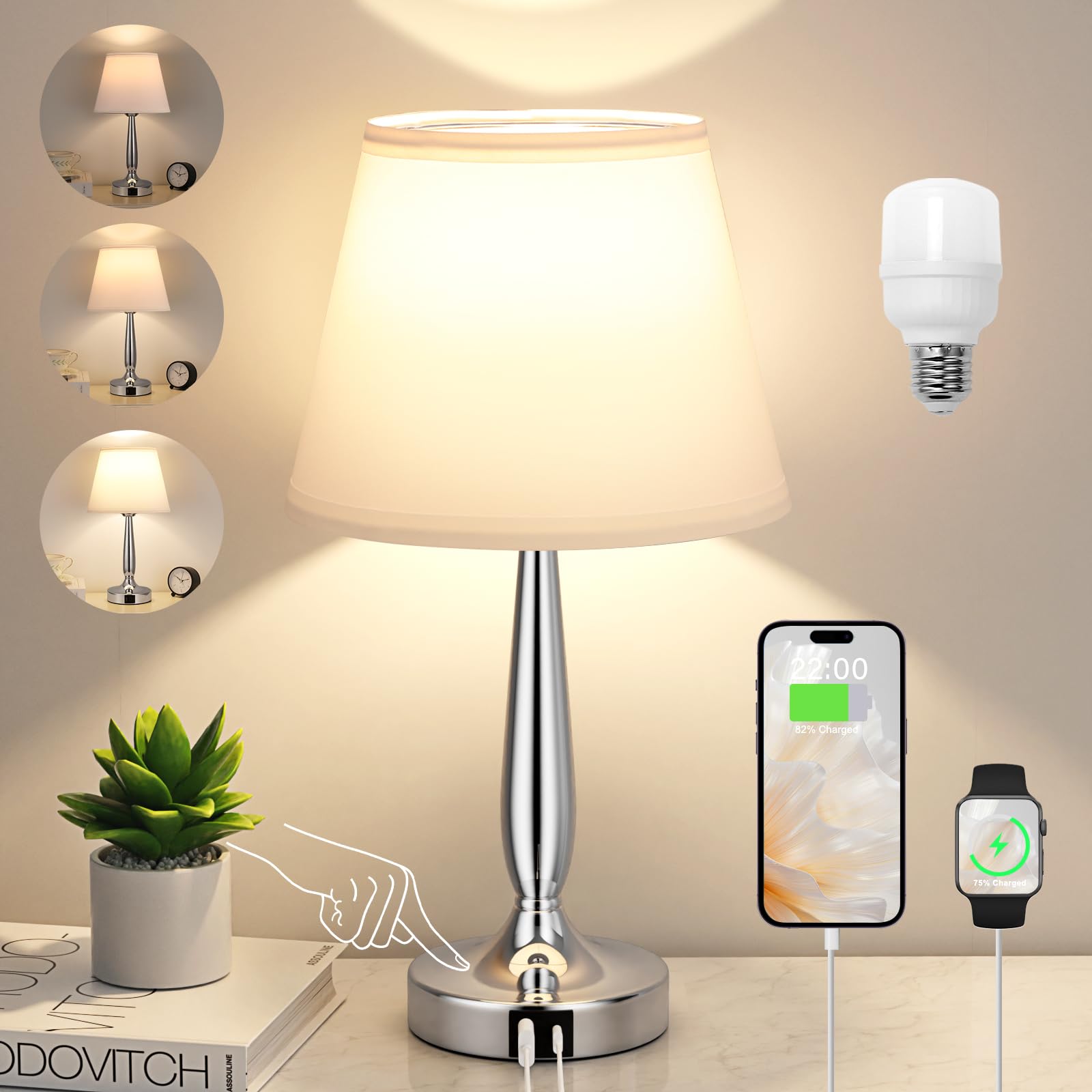 Kakanuo Touch Table Lamp for Bedroom, Small Bedside Lamp with USB C Charging Port, 3 Way Dimmable Touch Control Nightstand Lamp for Living Room and Office, White Shade and Silver Base