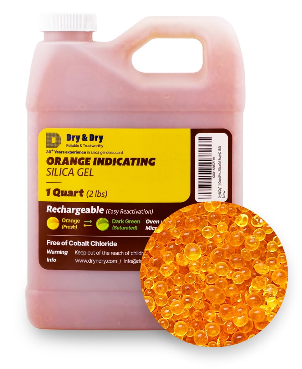 Dry & Dry" [1 Quart Premium Orange Indicating Silica Gel Desiccant Beads(Industry Standard 3-5 mm) - Rechargeable Silica Gel Beads(2 LBS)