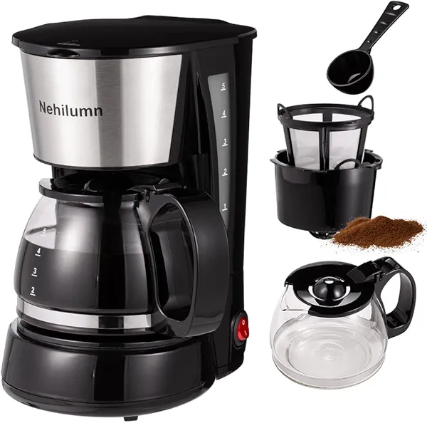 Nehilumn 4-5 Cups Drip Coffee Maker, Coffee Pot Machine Permanent Coffee Filter, Mini,20Oz Electric Coffee Maker,650W Black and Stainless Steel