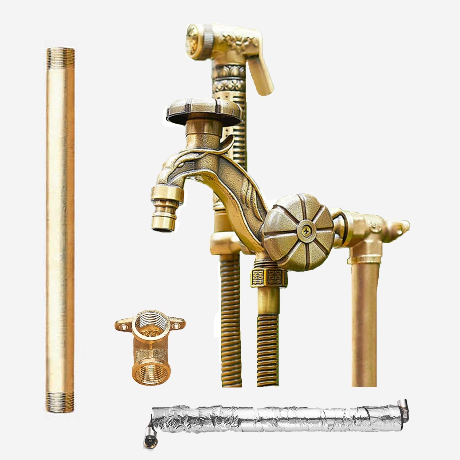 Columna De Agua Vertical para Jardín con Doble Grifo - Totalmente De Cobre, Montaje En Suelo, Grifo Exterior Resistente A Las Heladas para Patio, Jardín Y Terraza, Diseño Dura，E 40cm/15.7in