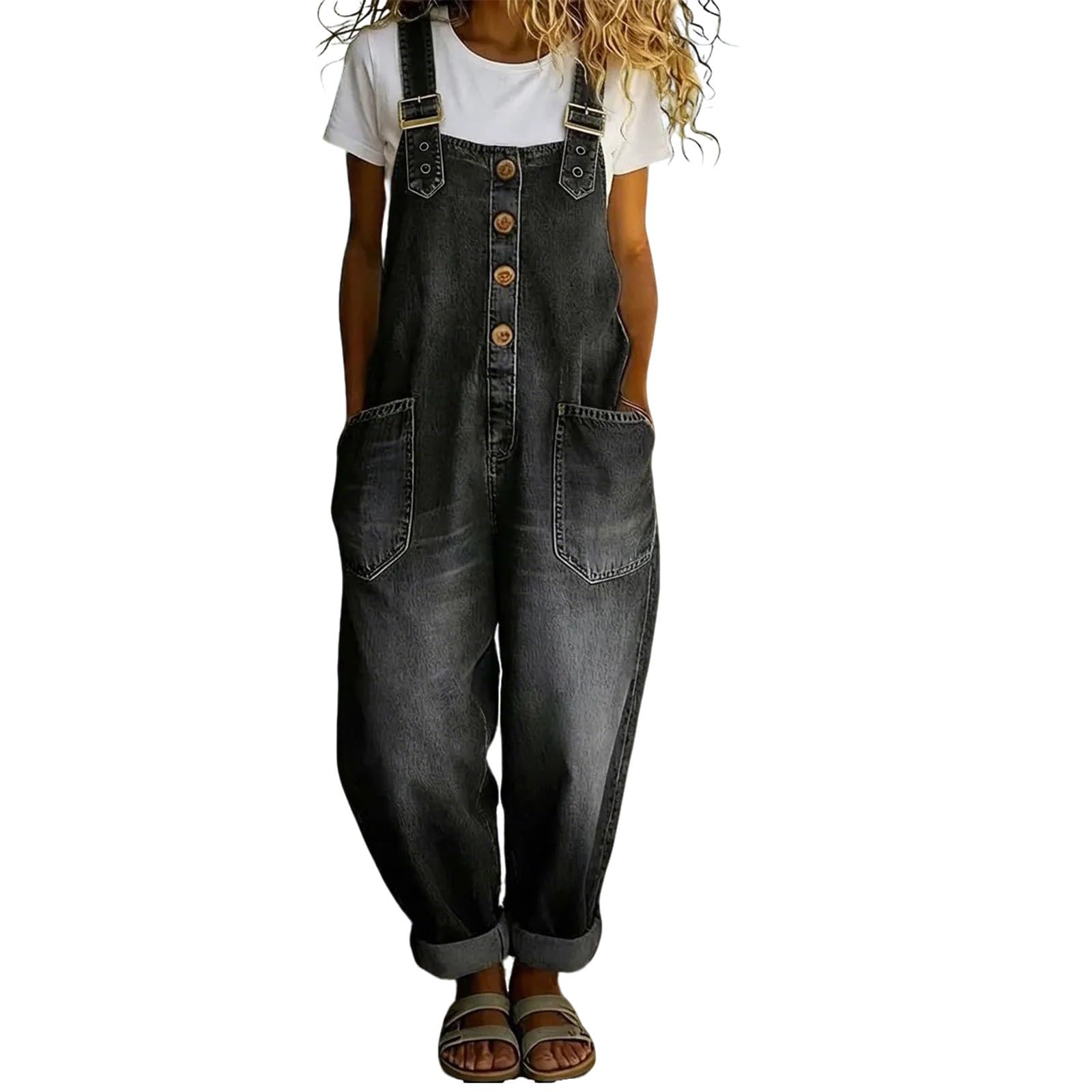 Generisch Peto para mujer, pantalones vaqueros holgados, mono con tirantes ajustables, pantalones ajustados, pantalones vaqueros con entrepierna profunda, pantalones vaqueros con aspecto desgastado