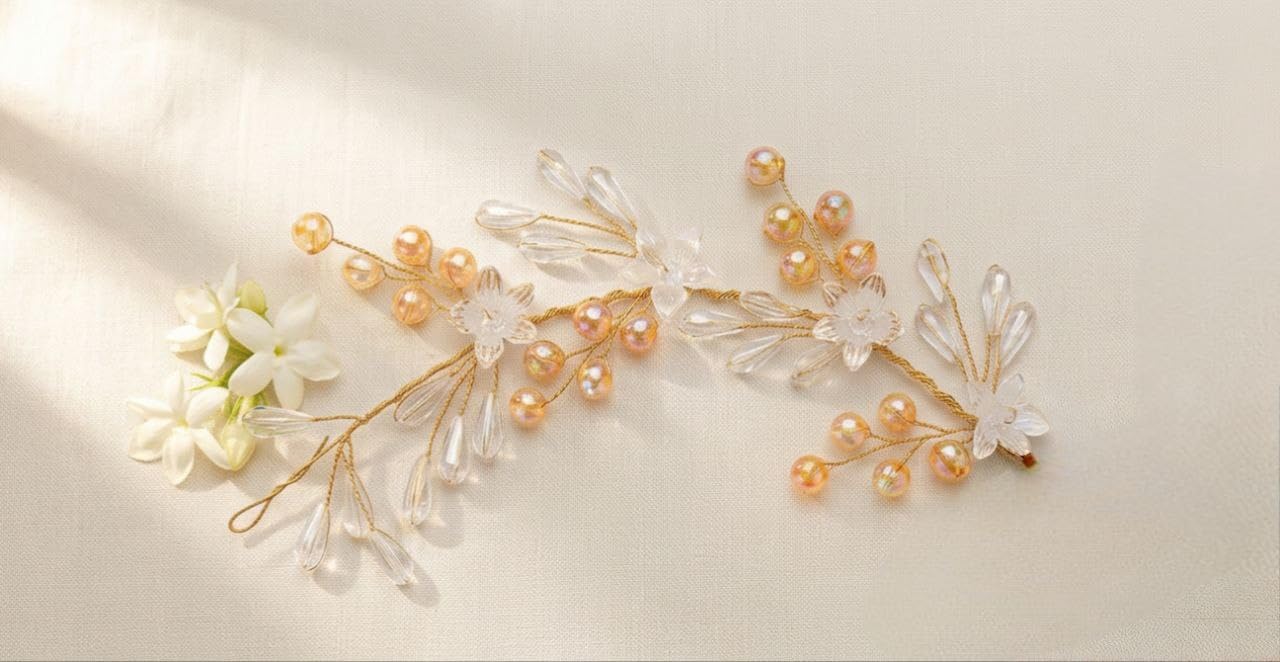 Yellow & White Crystal Pearl Floral Hair Brooch for Women| Bridal, Haldi Ceremony, Wedding & Party Hair Accessory| Handmade Golden Hair Vine-image-1