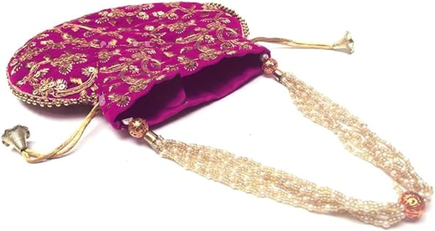 Women's Velvet Embroidered Potli Bag Purse Pouch Drawstring Bag Golden Work Wedding Gift for Women